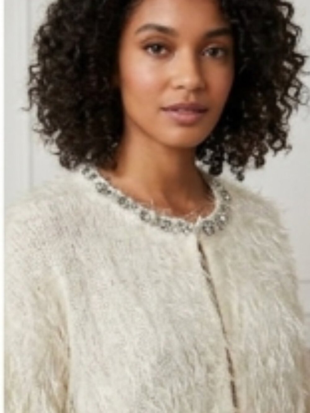 Batik Turkey Krem Eyelash Knit Crystal Embellished Cardigan M